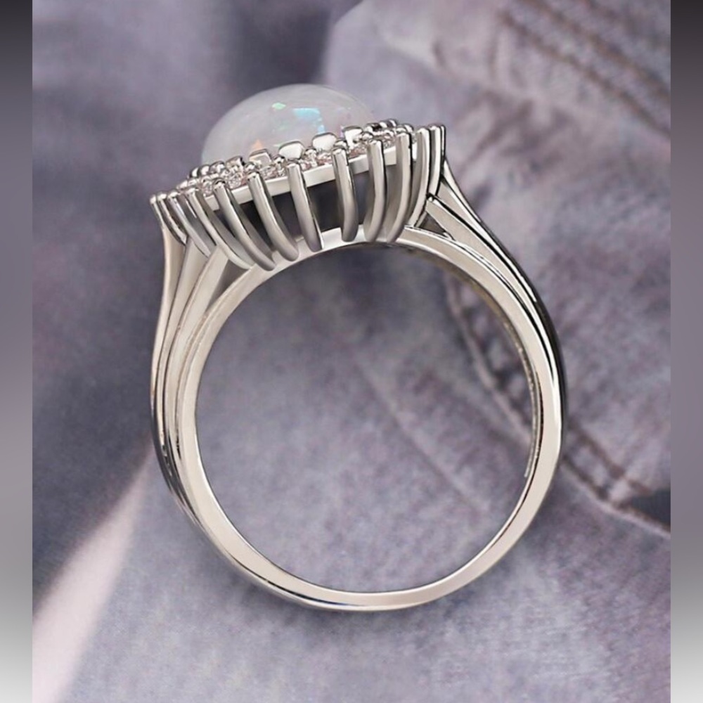Stunning Oval Sunburst Simulated Opal and Diamond Halo Statement Ring - Picture 7 of 7